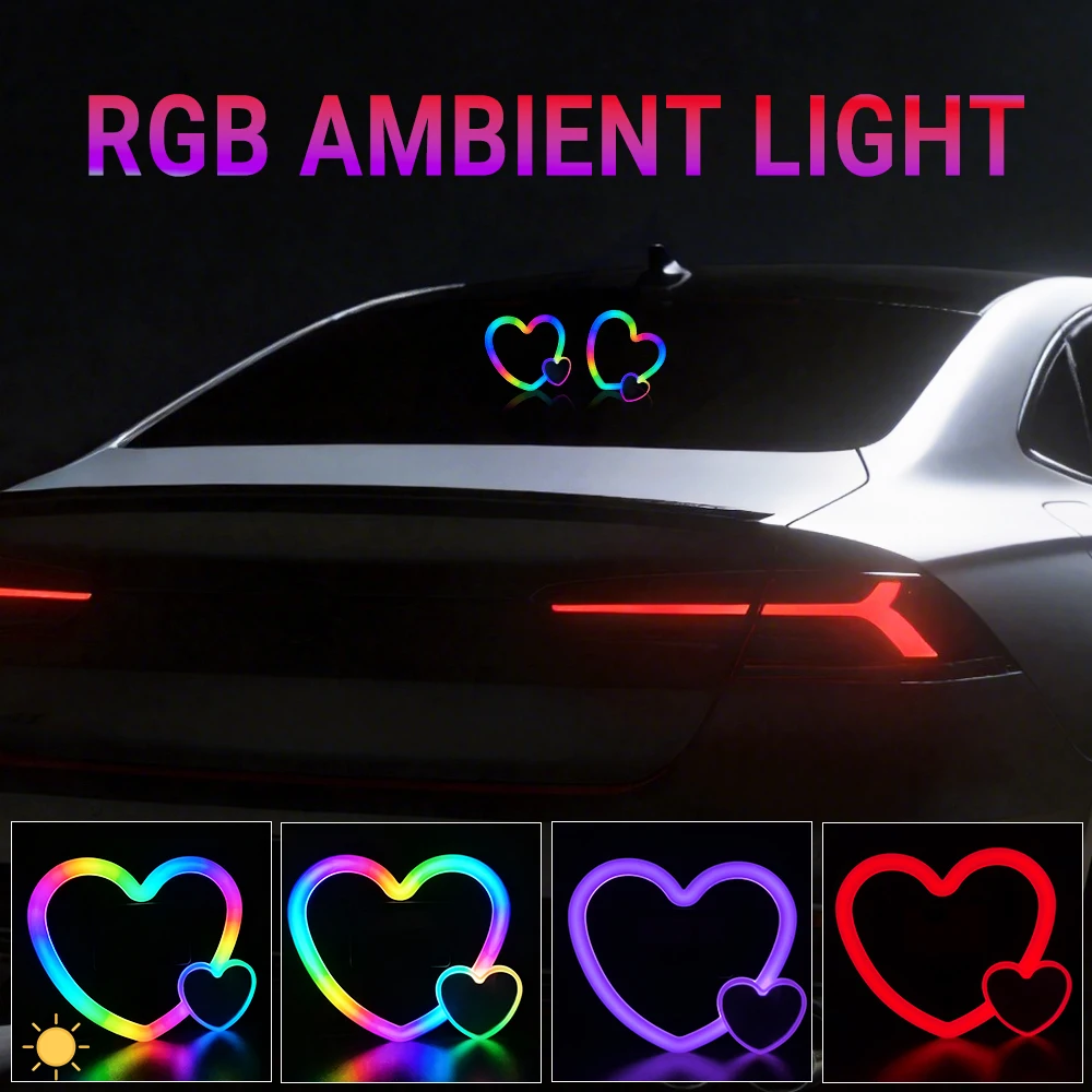 Windshield Ambient Light RGB Solar Car Front Rear Window Neon Decorative Lights Heart-shaped Flashing Warning Lamp for Auto SUV