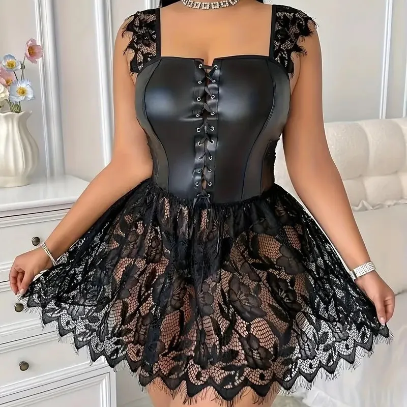 

Оптовая продажа, женское сексуальное платье больших размеров из искусственной кожи с эффектом пуш-ап, кружевное платье больших размеров, Babydoll Lady XXL, пикантная ночная одежда Fliter