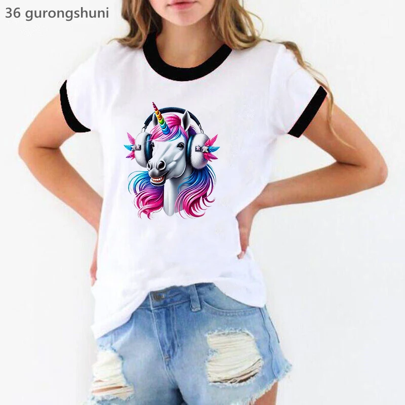 

Unicorn Wearing Headphones And Listening To Music Printed T Shirt Girls Funny Kawaii Clothes T-Shirt Harajuku Shirt Streetwear