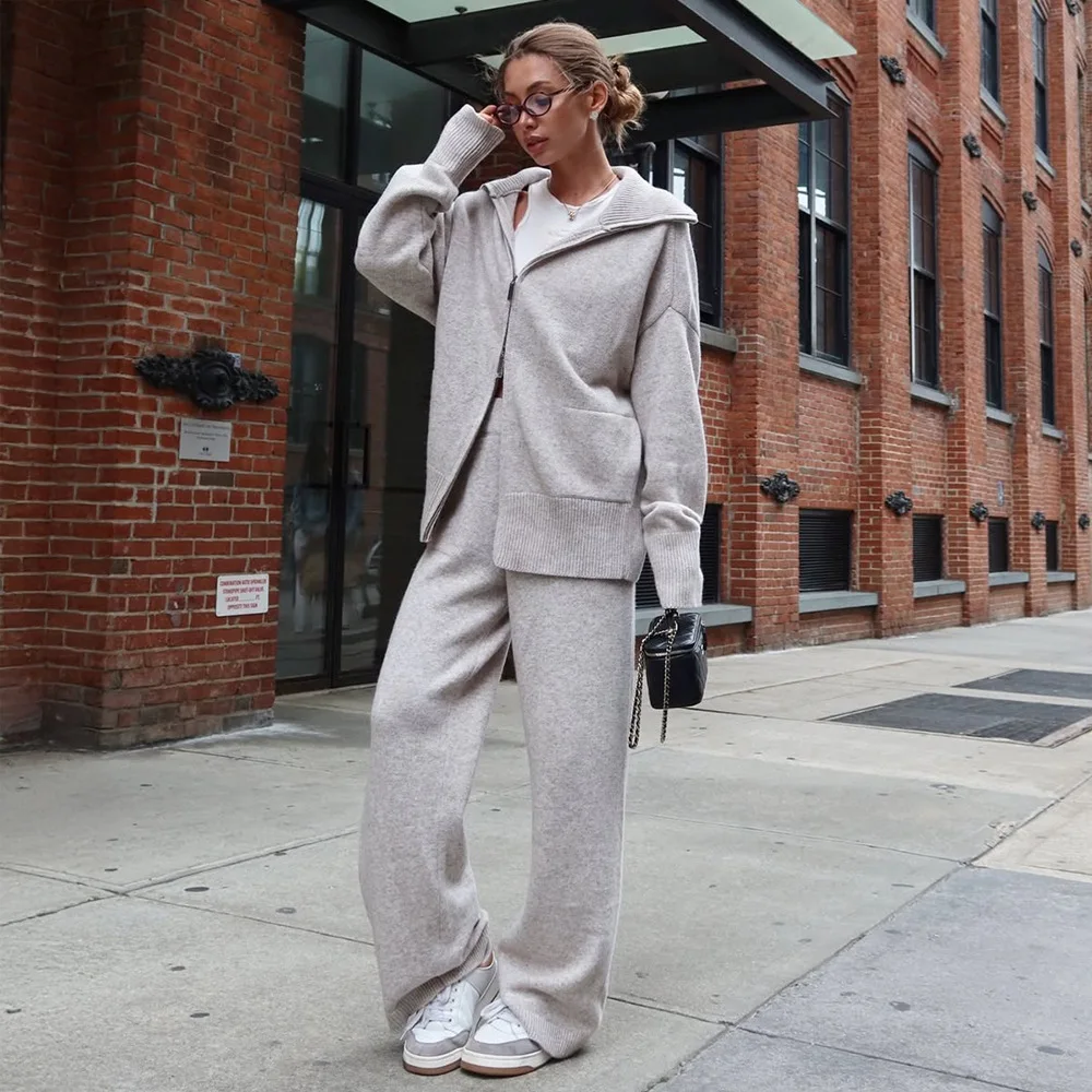 Women Winter Old Money Zip Up Knit Jacket Pocket Pants 2 Piece Set