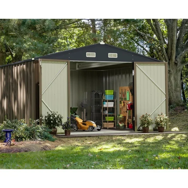 Outdoor Storage Shed 10 x 10 ft. Utility Tool Shed Metal Storage Garden Shed with Door & Lock for Patio Storage, Brown image 3