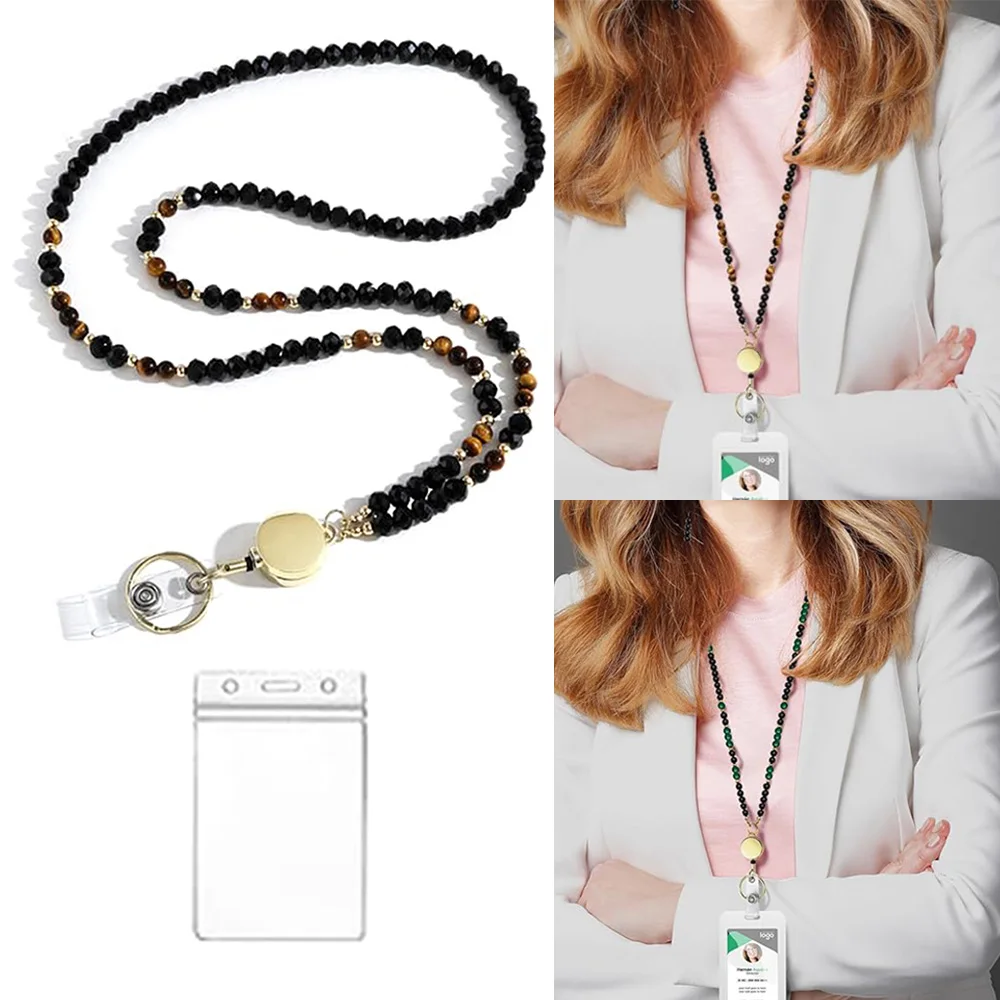 Crystal Beads Lanyard Retractable Badge Card Holder  Id Card Holder Retractable Badge Reel Keychain Neck Cord Office Supplies