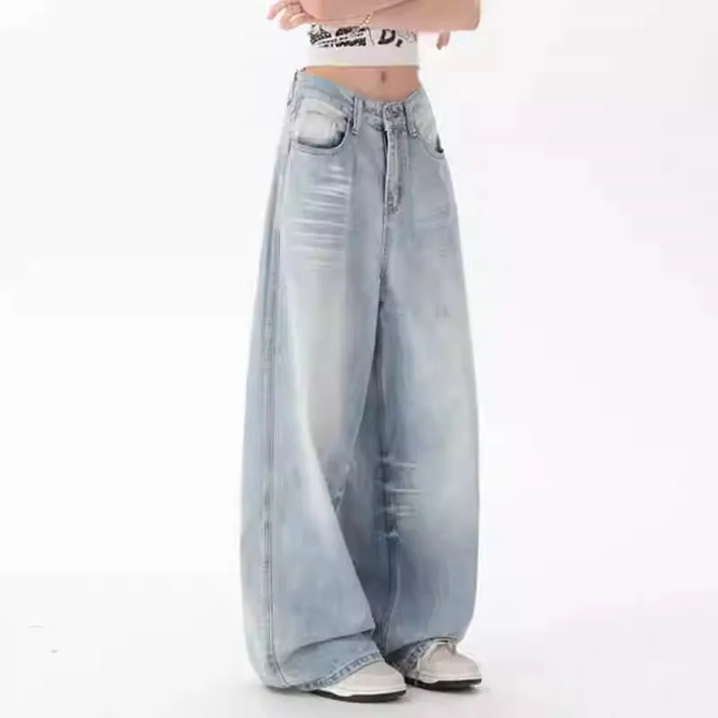 

Y2K Light Blue Washed Denim Pants Women American Retro Wide Leg Summer Loose Fit High Waisted Floor Length Straight Leg Jeans
