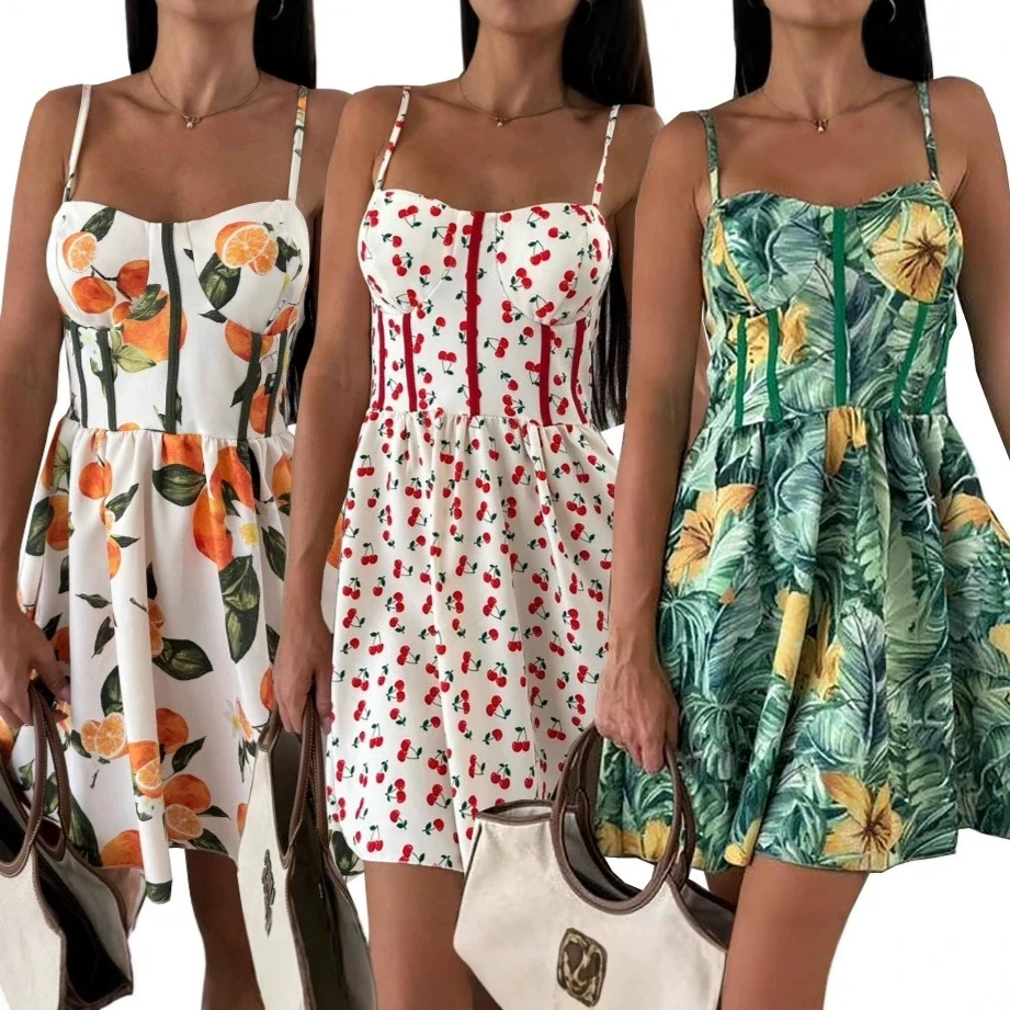 Mini abito estivo con stampa Lady Fashion Sexy senza maniche con cinturino per spaghetti Abiti larghi per le donne Casual Boho Holiday Beach Gonna Nuovo
