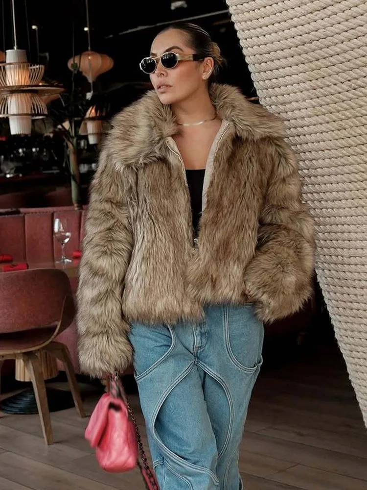 HH модная зимняя модная женская короткая куртка с длинными рукавами и молнией с лацканами, женская удобная куртка в уличном стиле с эффектом искусственного меха