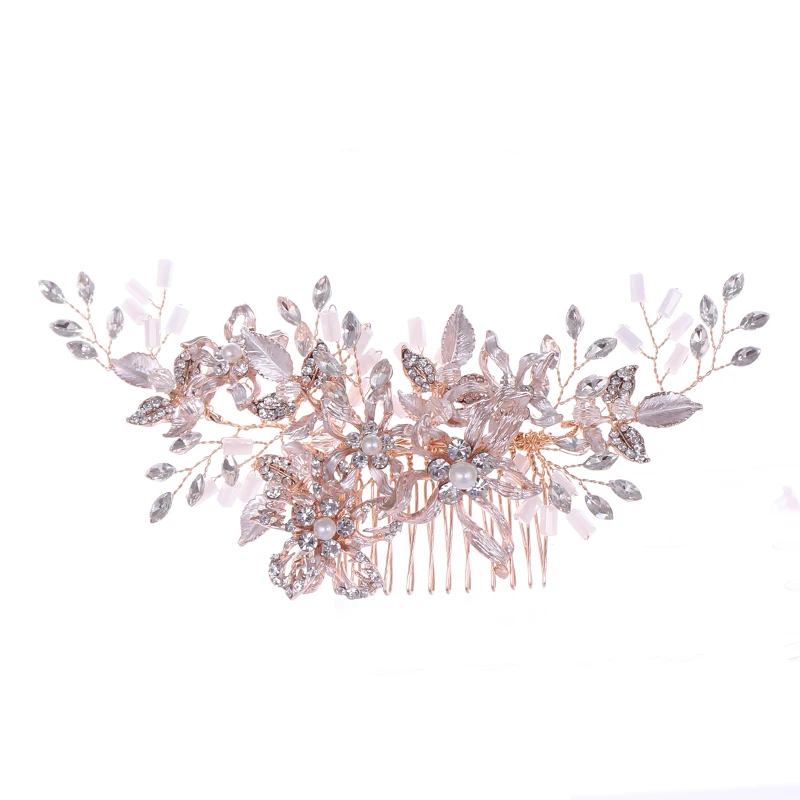 Modne różowe złoto Rhinestone ślubne grzebienie do włosów akcesoria do włosów dla nowożeńców kryształowa chluba ozdoby do włosów ślubna biżuteria do włosów — zdjęcie 7