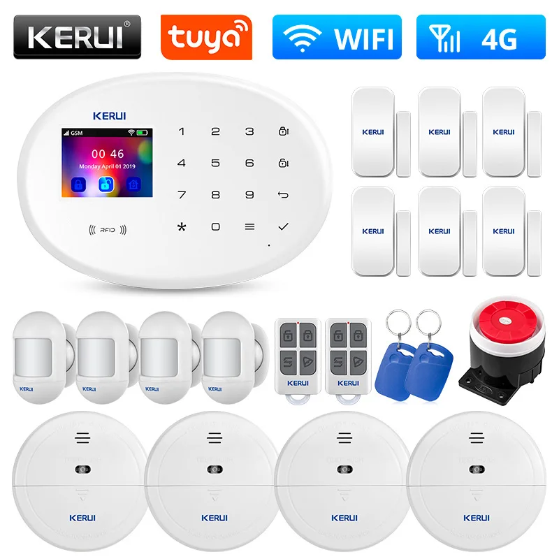 sistema de alarme inteligente seguranca domestica tuya wifi gsm 4g controle remoto painel de toque roubo pir sensor de porta sirene rifd app kerui w204 01