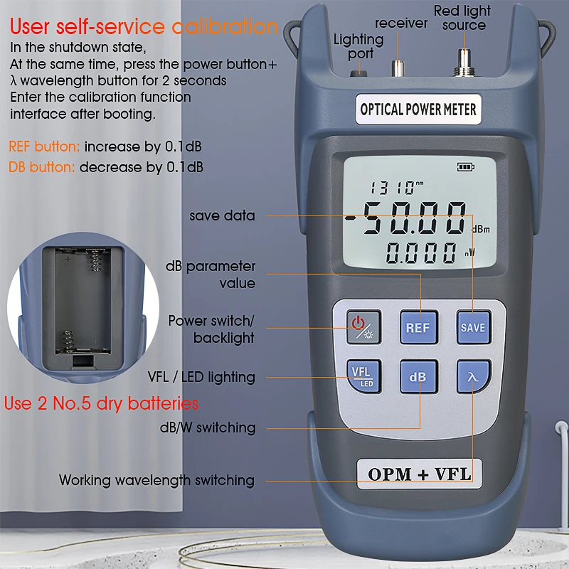 Comptyco AUA-G510B tudo-em-um medidor de potência óptica localizador visual de falhas led ftth ferramenta de teste testador de fibra 1/10/15/20/30/50mw vfl