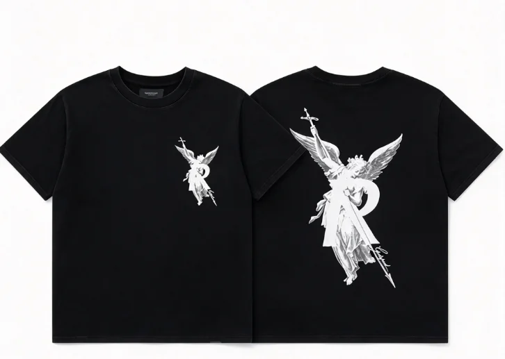 2026 Men Angel Statue Graphic T Shirt Front And Back Print Crew Neck Short Sleeve Tees Black Oversized Streetwear Cotton Tops