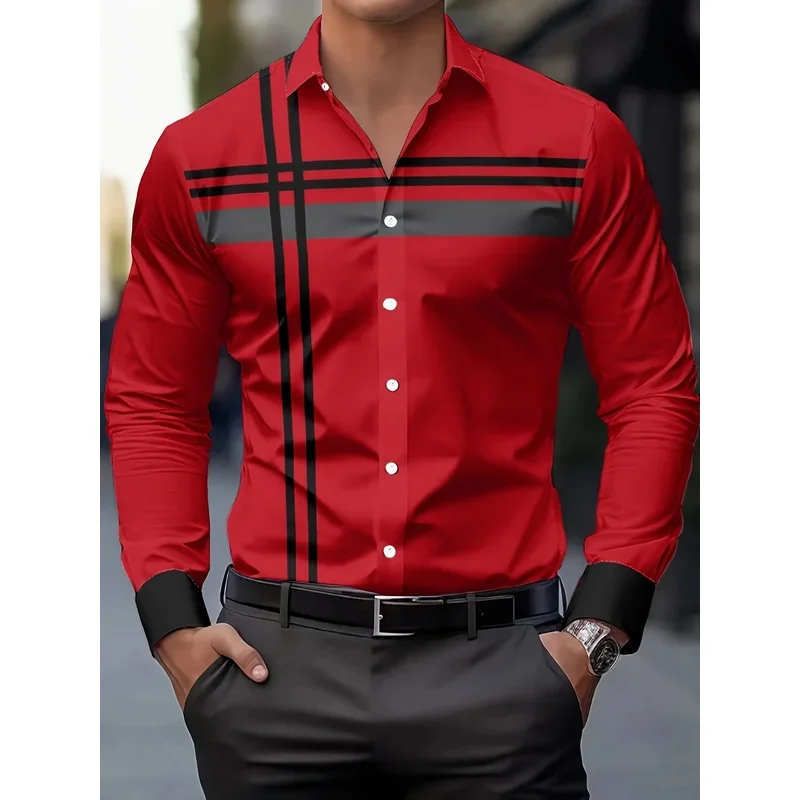 Men's Casual Dress Shirt With Modern Striped Design Regular Fit Long Sleeve Button-Up, Machine Washable For Spring Fall Office