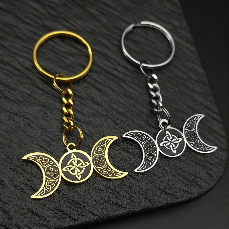 Wicca Dreifach-Mondgöttin-Schlüsselanhänger für Damen und Herren, Edelstahl, Hexerei, Wikinger, Hexe, keltischer irischer Knoten, Taschenanhänger, Schmuck