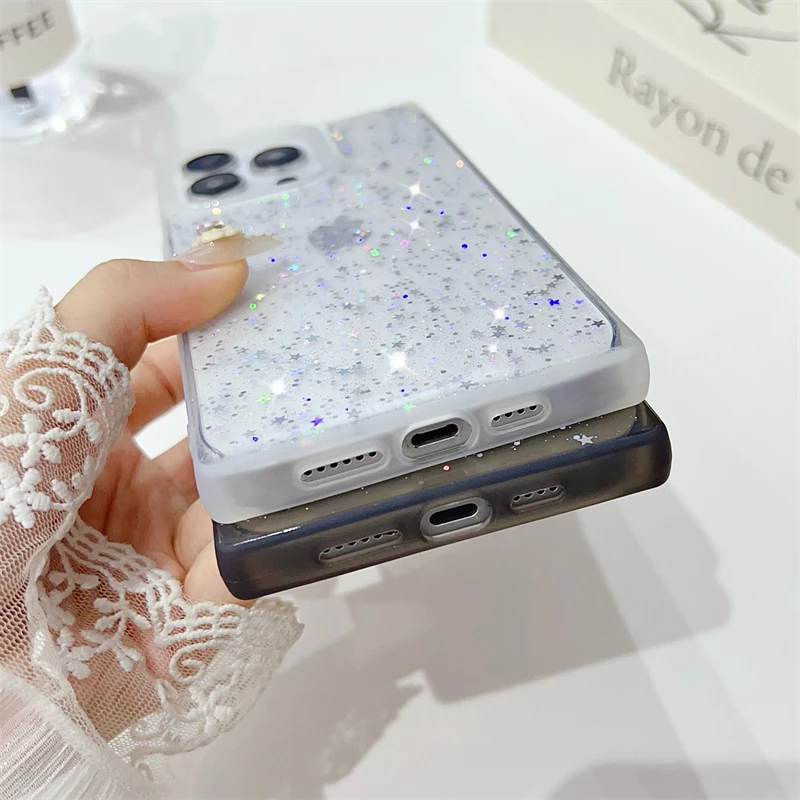 حافظة هاتف شفافة لامعة مربعة فاخرة لهاتف آيفون 15 14 Plus 13 12 Pro Max 11 غطاء سيليكون ناعم مقاوم للصدمات