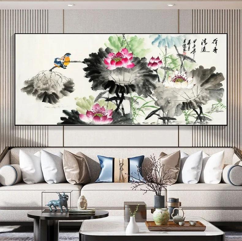 Lotus and Bird painting, Print Art Canvas Poster, For Living Room Decor, Home Wall Picture