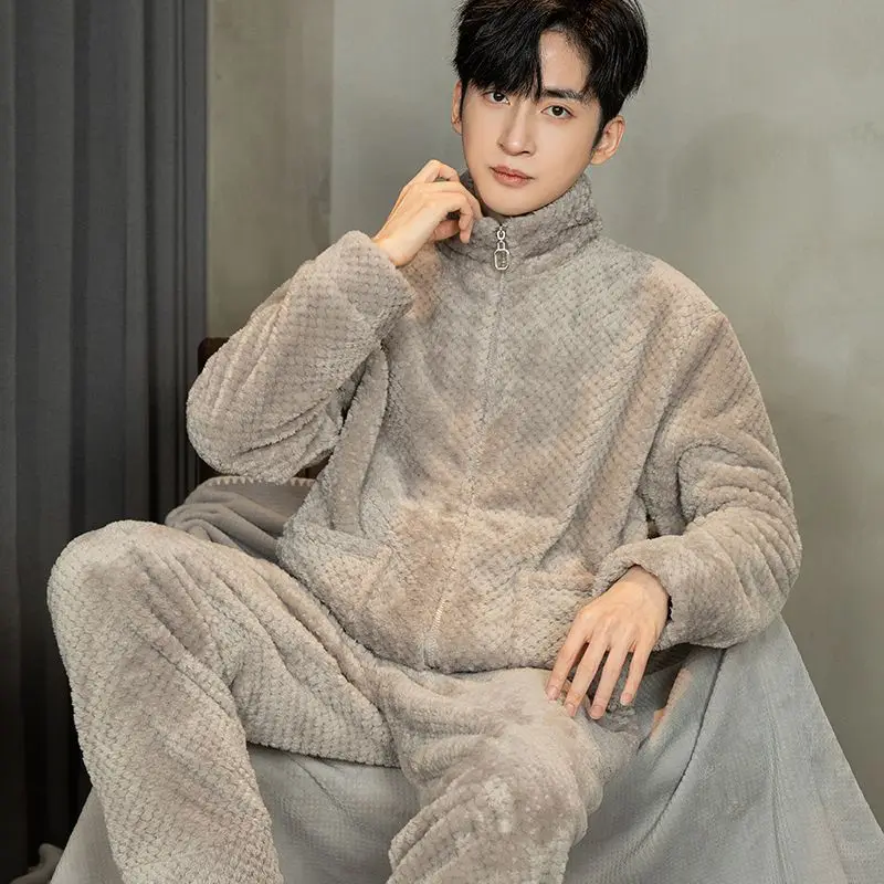 Zipper Pajamas for Men Fleece Winter Sleepwear Korean Sleeping Night Wear Solid Pijama 2 Pcs Pants Sets Warm Home Suit 2024 New