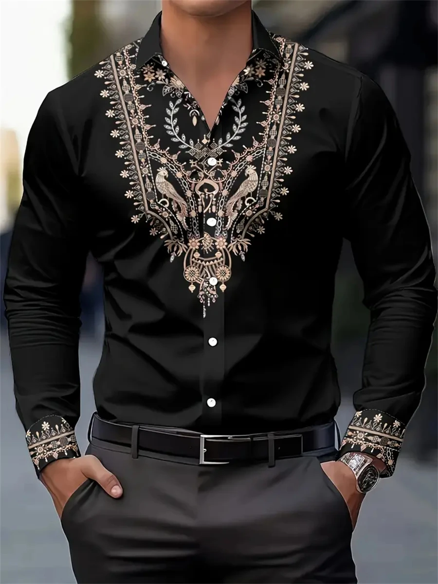 

Men's traditional ethnic style long-sleeved shirt casual clothing natural flower and bird pattern elegant temperament men's top