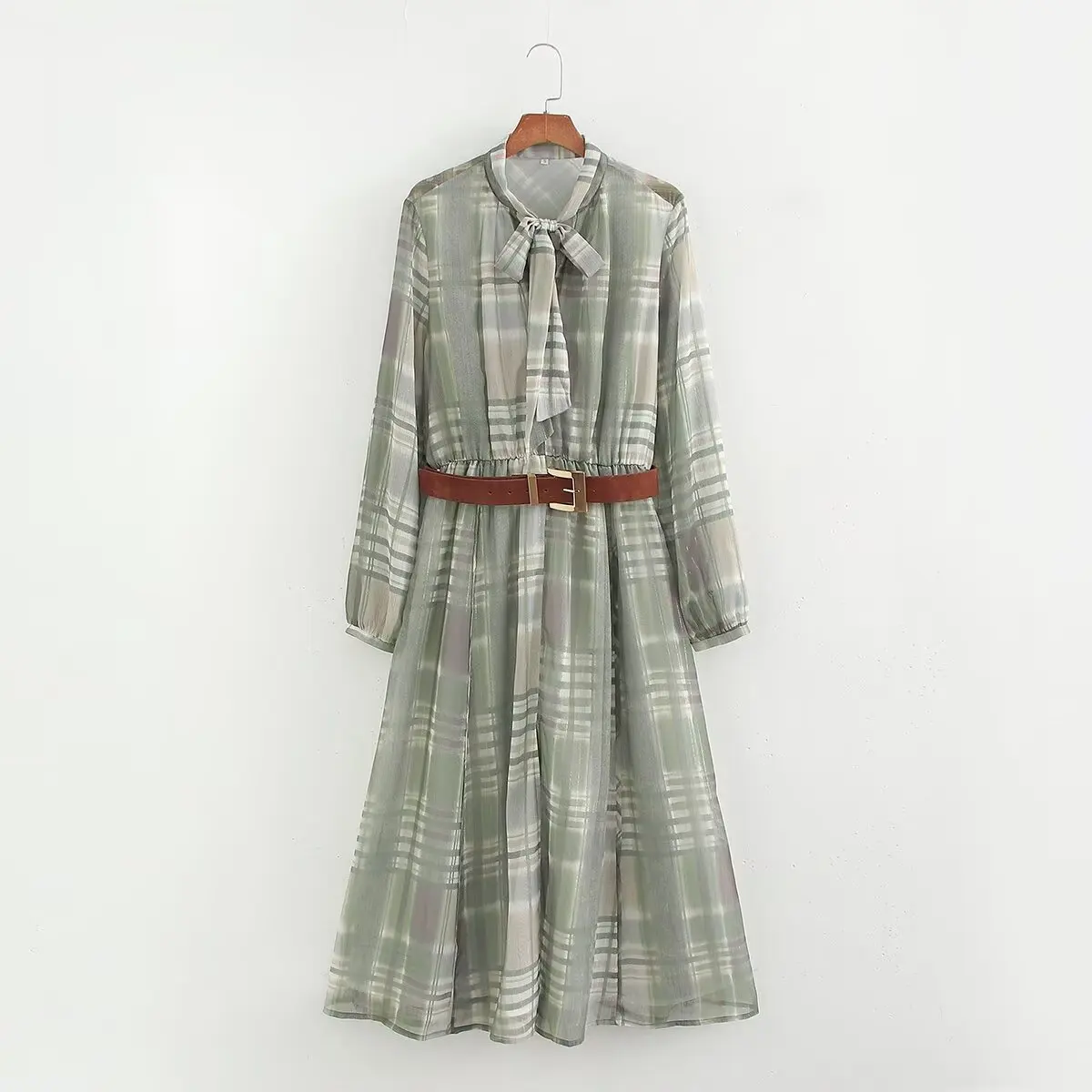 2024 Fashion Spring And Autumn Women's Dress With Belt Plaid Print Midi Dress Neckline Long Sleeve Casual Office Lady Dress