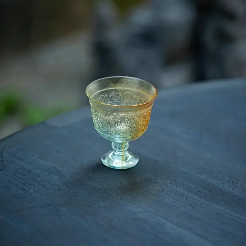 Glazed high-foot relief lotus pattern wine cup, water cup, teacup, advanced cold brewing teacup, medieval wine cup gift