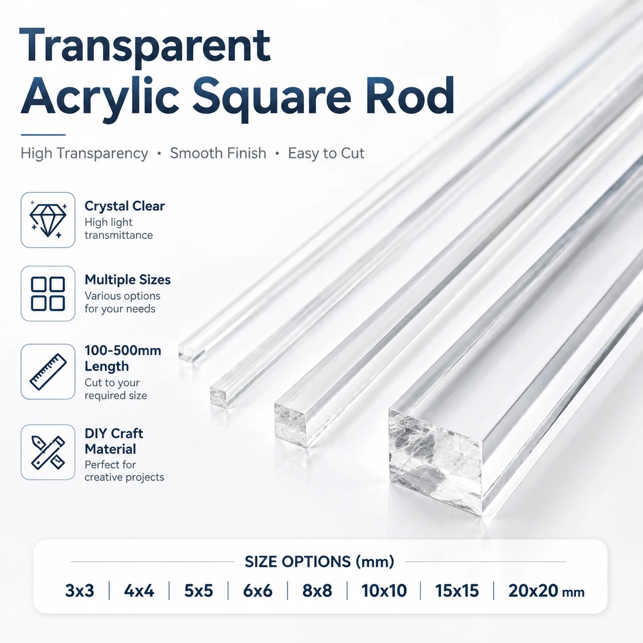 1-10Pcs Clear Acrylic Square Rods 3-20mm, Acrylic Square Bars 100-500mm for DIY Crafts, Model Making & Lightings Decor