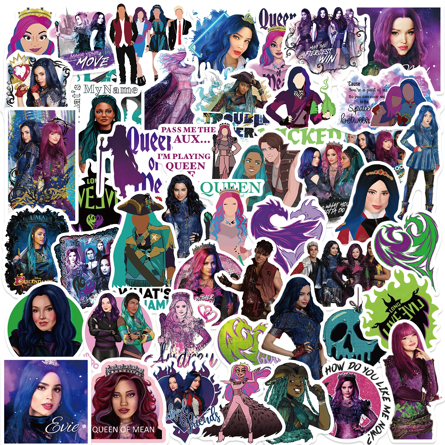 50ชิ้นสติกเกอร์การ์ตูน descendants decals DIY โทรศัพท์กระเป๋าแล็ปท็อปสติกเกอร์กันน้ำรถจักรยานยนต์สำหรับเด็ก