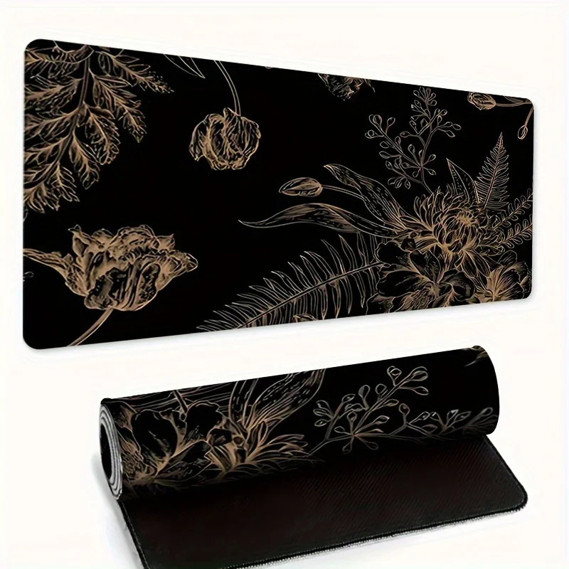 Black Element Flower Desk Large Gaming Mouse Pad Office Keyboard Pad Computer Mouse Anti-slip Accessories for Setup Decoration