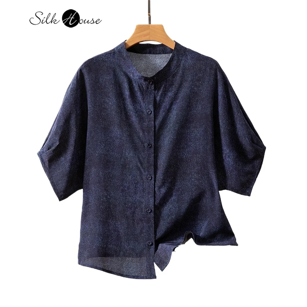 

Simple Elegant 100% Natural Mulberry Silk Crepe De Chine Denim Blue Print Women's Casual Three-quarters Sleeved Shirt