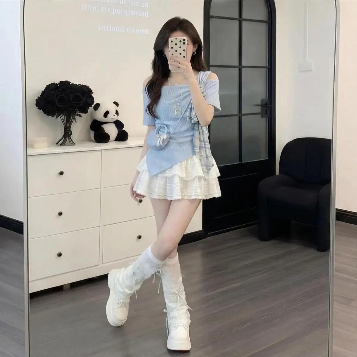 Women's Korean Summer Sweet Blue T-Shirts Mini White Ball Gown Two Piece Set Lady Trendy Short Sleeve Tops Skirts Outfits 2026 view 2
