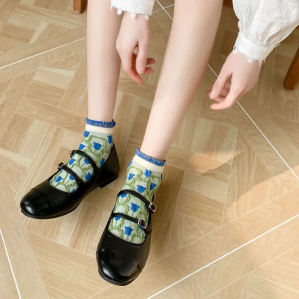 5 Pairs/Lot Korean Style Women Socks Short Fashion Frilly Ruffle Socks Cute Flower Print Sokken Spring Summer New Calcetines