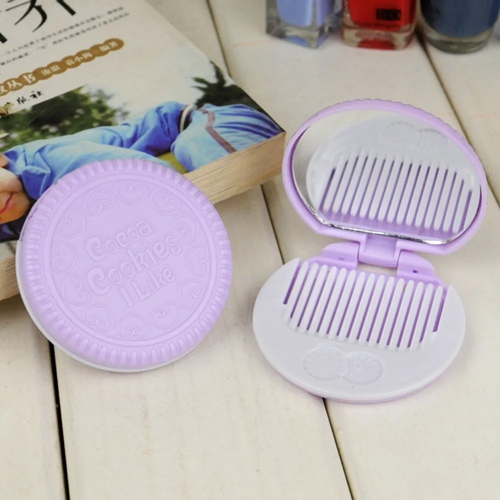 Mini 2 in 1 Comb Mirror Set Pocket Mirror Portable Makeup Mirror with Comb Set Durable Cute Chocolate Cookie Shaped Children