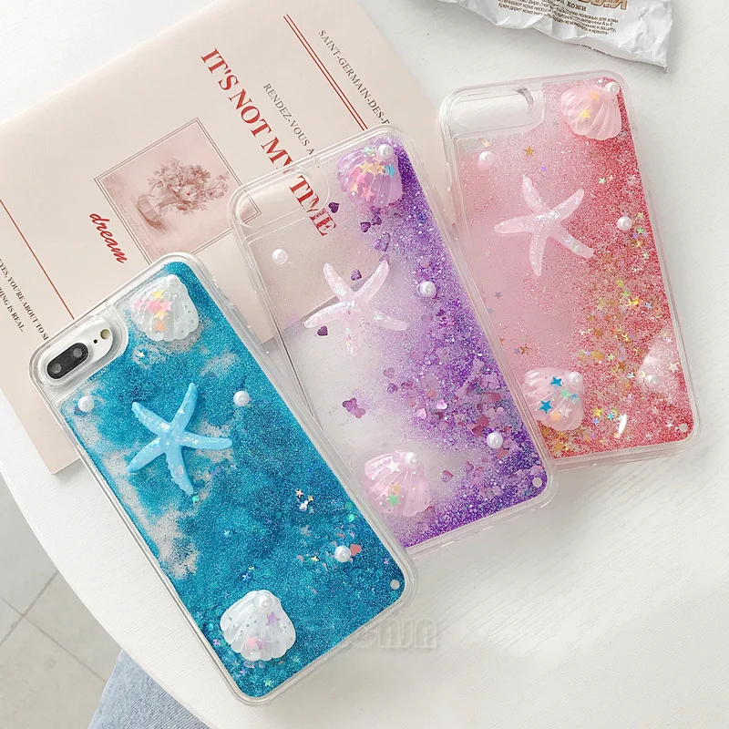 Glitter Mermaid Tail Starfish Shell For iPhone 14 Pro Max 13 12 Mini 11 XS XR X SE 2022 6S 7 8 Plus Case Quicksand Liquid Cover