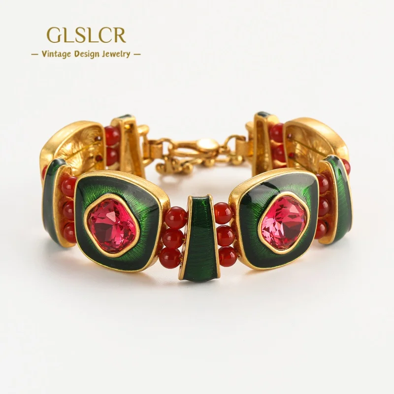 

Vintage Green Enamel Square Pink Crystal Bracelet Gold Color For Women Accessories and Jewelry Designer Dubai Brands Birthday