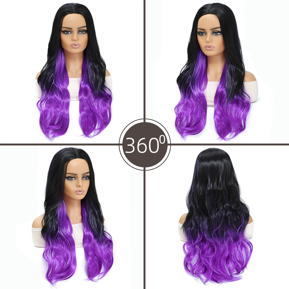 European and American black purple gradient fashion wig, long curly hair, big wave headband, center split-Synthetic fiber wig