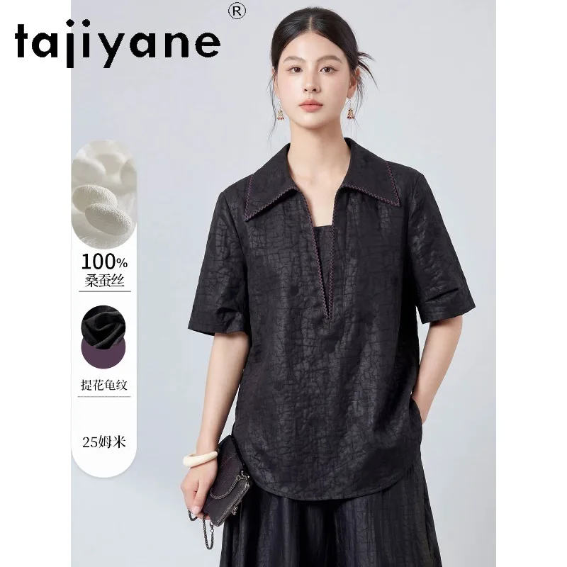 TAJIYANE 100% Mulberry Silk Woman Blouses Pullover Tops Black Shirts for Woman Clothing Summer Office Lady Shirt Loose Camisa