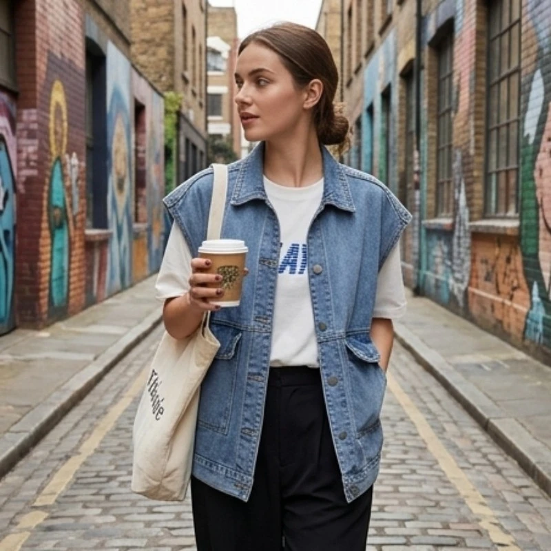 Denim Vests Women High Street Trendy Vintage Turn Down Collar Casual Solid Minimalist All-match Coats Loose Design Spring Summer