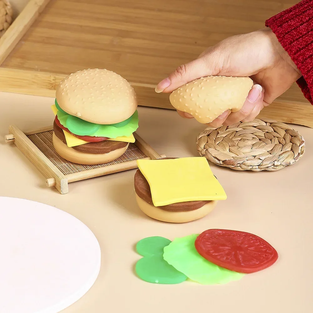 Hamburguesa de simulación creativa, juguetes para aliviar el estrés, juego combinado de comida divertida, juguete para apretar con pellizco blando, hamburguesa hecha a mano DIY