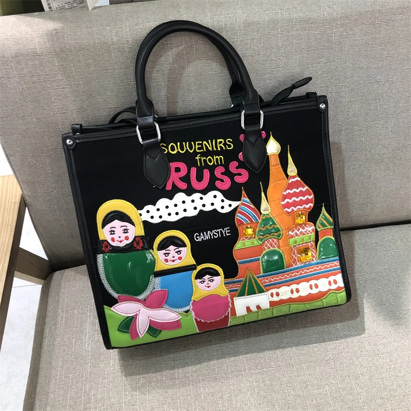 Women Bags Pu +Canvas Appliques Handbags Shoulder Bags Crossbody Messenger Bag Totes Braccialini Style Cartoon Russia Church