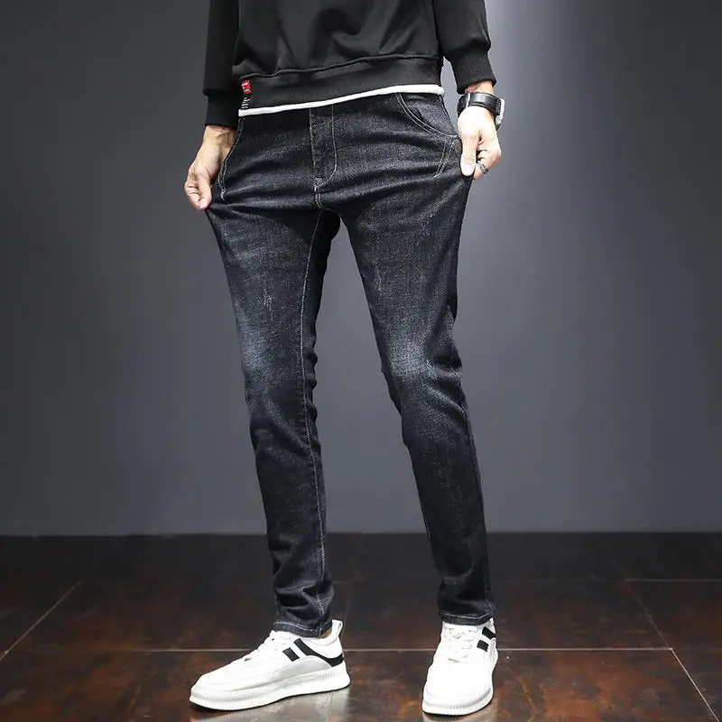 Spring Summer Men's Slim Fashionable Mid Waist Jeans Trend All-match Casual Elastic Solid Color Pencil Trousers Male Clothes
