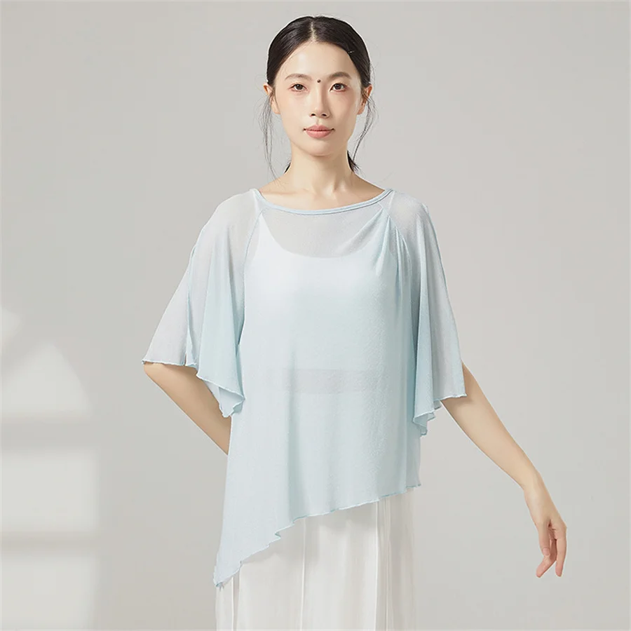 Women Classical Dance See Through Shirt Elegant Short Sleeve Mesh Female Ballet Practice Clothes Female Modern Dance Costume
