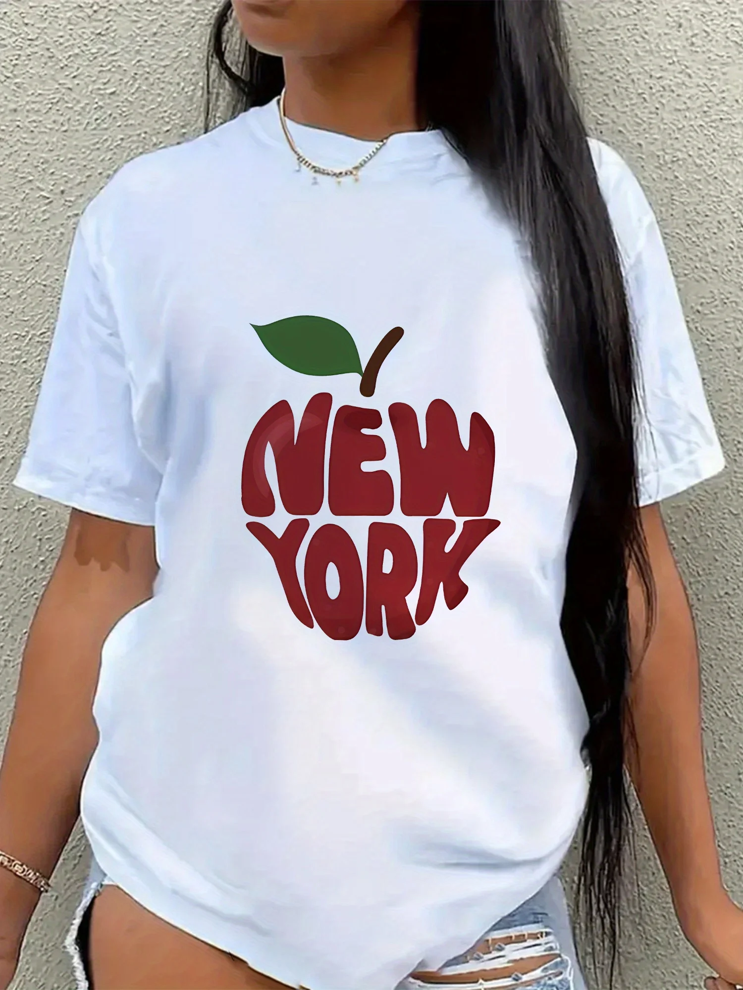 Dames New York Grafisch Rood Appelblad Ontwerp Ademend Ronde Hals Mouw Zomerstijl voor Outdoor-activiteiten Vrijetijdskleding