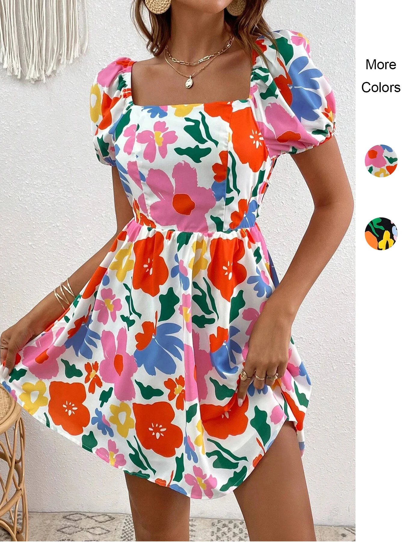 Blumendruck, quadratischer Ausschnitt, Puffärmel, Damenkleid, romantisches Vintage-Minikleid für Frühling, Sommer, Gartenparty