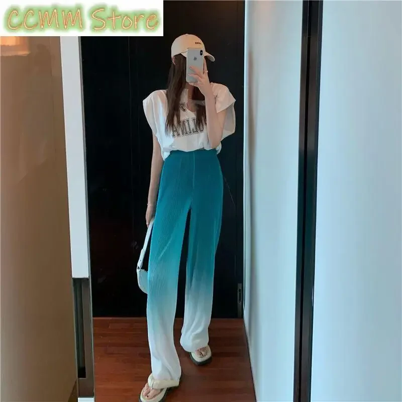 Fashion Printed Spliced Folds Tie Dye Gradient Pants Female Clothing Summer New Loose Elastic High Waist Casual Trousers