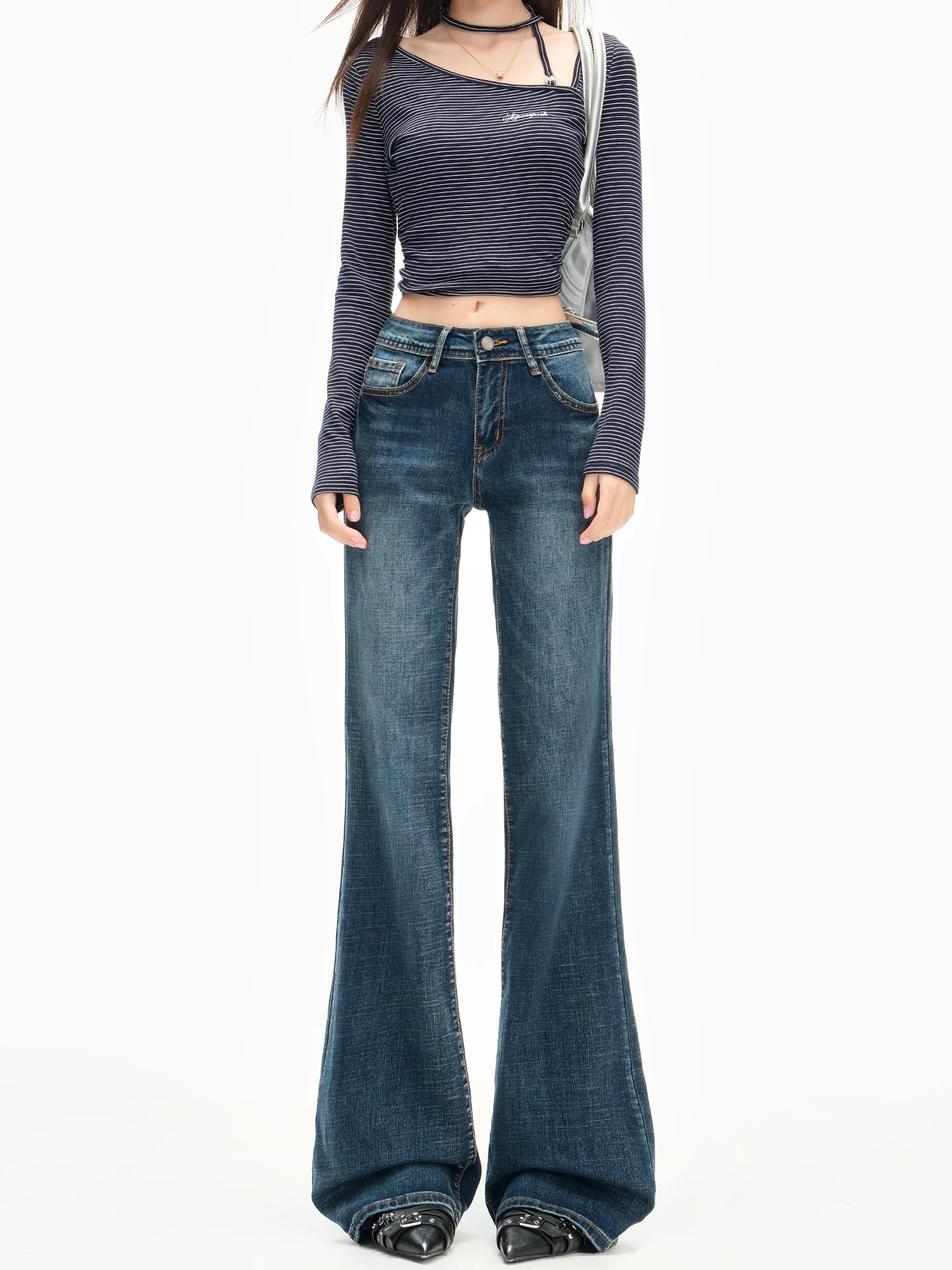 

Retro American Flared Denim Jeans Women's New 2025 Winter Spicy Girl Elastic Slimming Non-Matching Low Waist Bell Pants