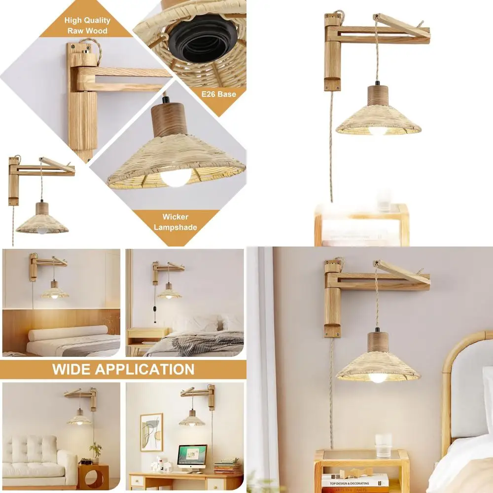 

Vintage Adjustable Swing Arm Wall Sconce with Dimmable Switch, Cord-Mounted Reading Light for Bedroom, Nightstand, Included Bulb