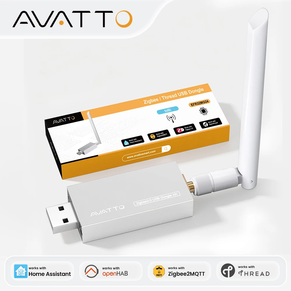 AVATTO ZigBee 3.0/Thread USB Silver Dongle Plus Powerful Chip High-Gain Antenna,For Home Assistant,Zigbee2MQTT,ZHA,OpenHAB