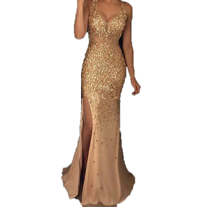 

2025 New Cross-Border Women's Long Dr Strap V-Ne Slit Gold Sprinkled Evening Gown Cusizable Design Wedding Dr