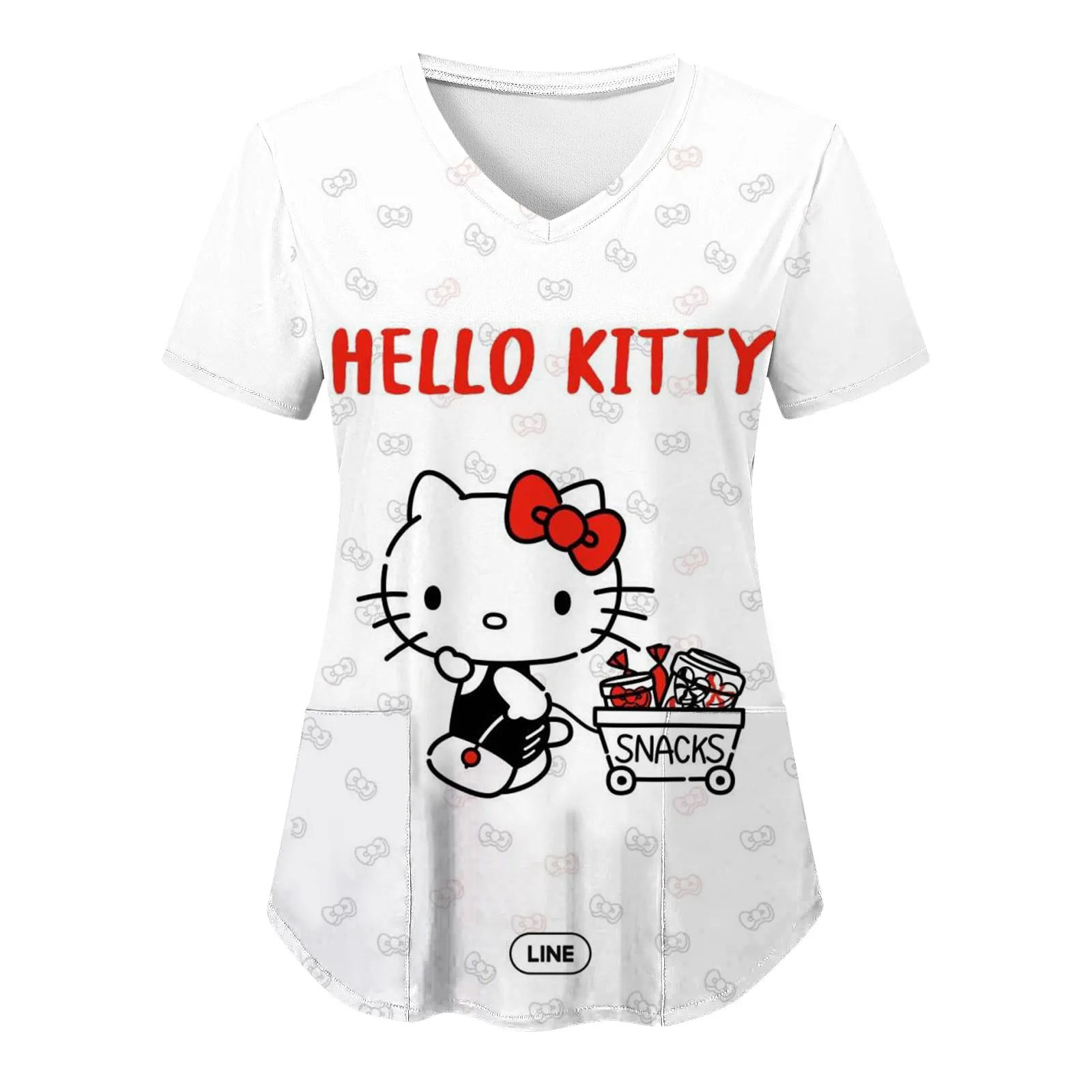 Hello Kitty Woman Nurse Uniform Sanrio T-shir T Shirt Trendy Animal Kawaii Summer Top Women Hospital Short Sleeve Pocket V Neck