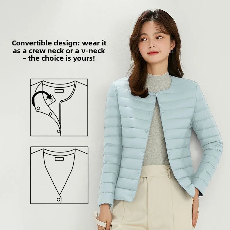 Autumn and winter light thin round neck down jacket women's V-neck liner short large size collarless inner wear bottom jacket