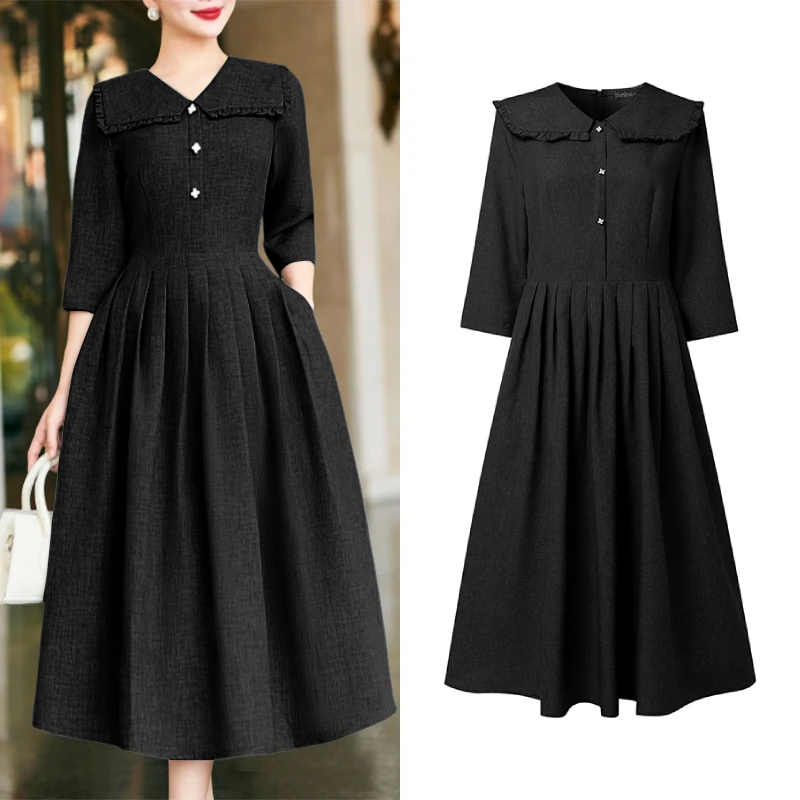 

Элегантное женское платье миди на весну и лето с воротником Питер Пэн, рукавами 3/4, завышенной талией, А-силуэта, ZANZEA, винтажные платья для женщин