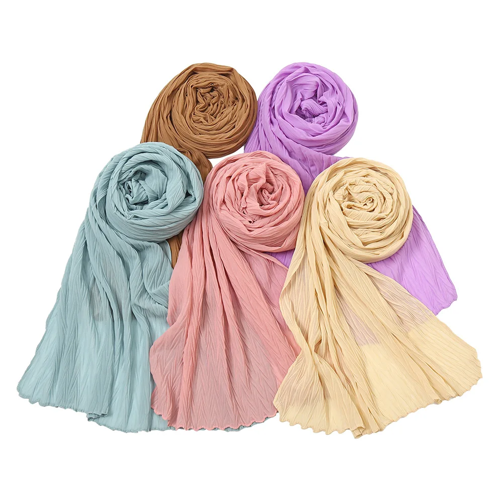 

Autumn New Chiffon Scarf For Women Girls Solid Color Leaf Wrinkle Sunscreen Scarves Soft Thin Foulard Viscose Female Wrap Shawls