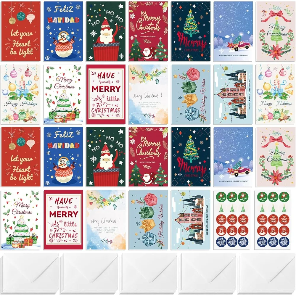 

26 Pack Christmas Cards with Envelopes and Stickers, Christmas Greeting Cards Bulk Colorful Unique Designs with Printed Message