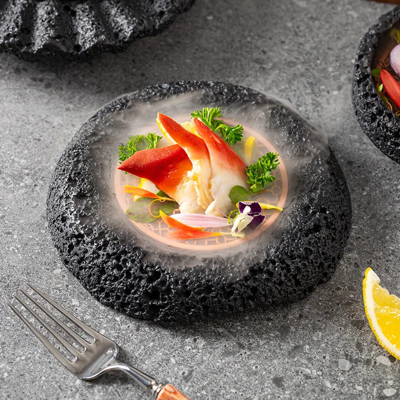 Japanese Cement Stone Rock Sushi Dishes Sashimi Salmon Dinner Plates Dry Ice Seafood Display Dinnerware for Restaurant